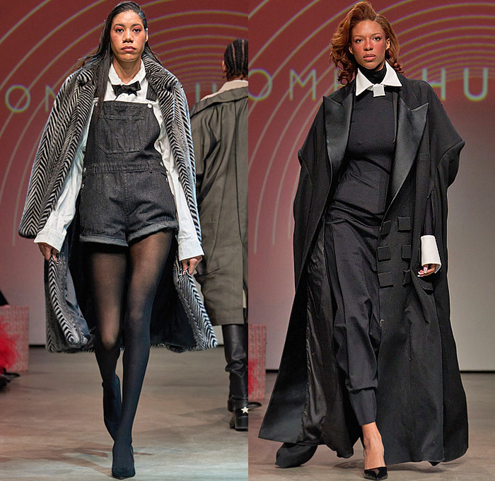 Romeo Hunte 2025-2026 Fall Autumn Winter Womens Runway Collection - New York Fashion Week NYFW - Denim Jeans Blazer Blouse Frayed Raw Hem Deconstructed Extra Waistband Knit Sweater Jumper Hoodie Sweatshirt Outerwear Coat Trench Jacket Paper Bag Waist Bow Pinstripe Tights Stockings Patchwork Leather Blazerdress Miniskirt Bedazzled Metal Teardrops Romper Combishorts Zebra Stripes Fur Plush Hotpants Cowgirl Cowboy Boots