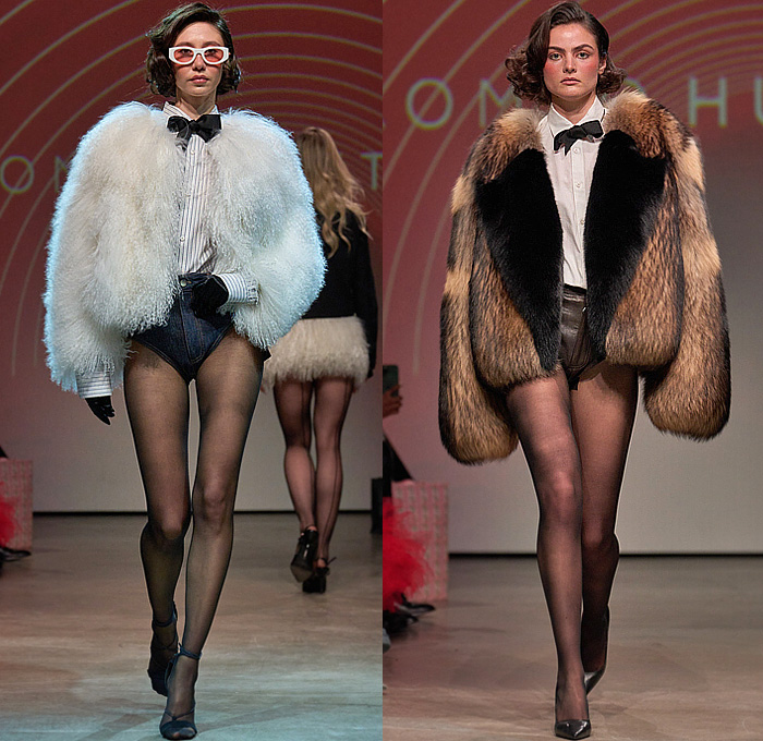 Romeo Hunte 2025-2026 Fall Autumn Winter Womens Runway Collection - New York Fashion Week NYFW - Denim Jeans Blazer Blouse Frayed Raw Hem Deconstructed Extra Waistband Knit Sweater Jumper Hoodie Sweatshirt Outerwear Coat Trench Jacket Paper Bag Waist Bow Pinstripe Tights Stockings Patchwork Leather Blazerdress Miniskirt Bedazzled Metal Teardrops Romper Combishorts Zebra Stripes Fur Plush Hotpants Cowgirl Cowboy Boots