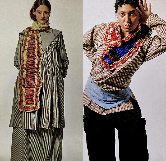 SC103 2025-2026 Fall Autumn Winter Womens Lookbook - New York Fashion Week NYFW - Deconstructed Knit Crochet Neck Scarf Prairie Dress Geometric Diamond-Shaped Stripes Picnic Check Blouse Wide Belt Patchwork Panels Chef Wear Button Closures Sheer Tulle Bedazzled Frayed Raw Hem
