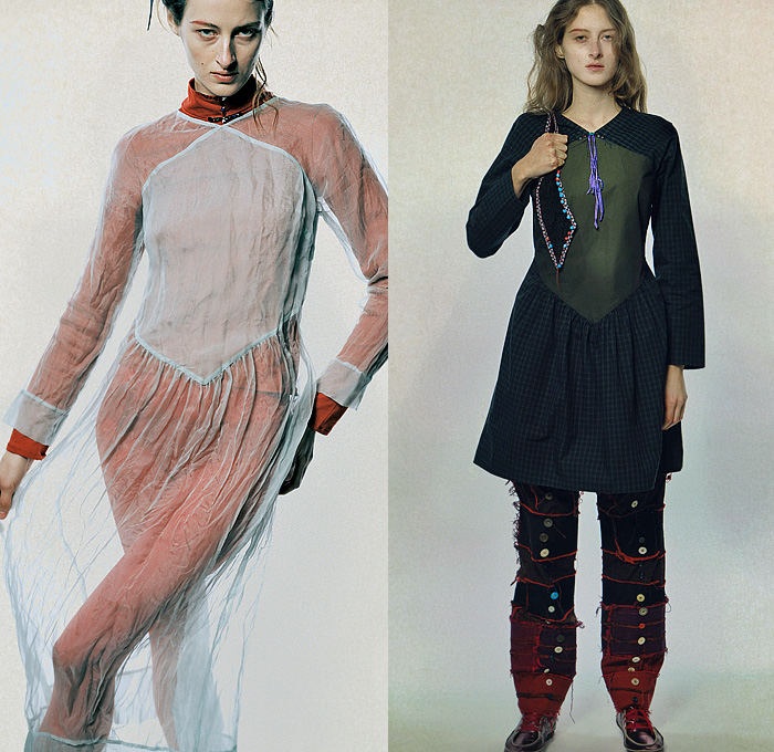 SC103 2025-2026 Fall Autumn Winter Womens Lookbook - New York Fashion Week NYFW - Deconstructed Knit Crochet Neck Scarf Prairie Dress Geometric Diamond-Shaped Stripes Picnic Check Blouse Wide Belt Patchwork Panels Chef Wear Button Closures Sheer Tulle Bedazzled Frayed Raw Hem