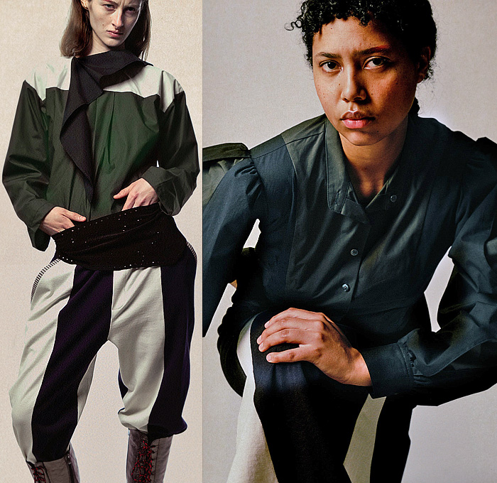 SC103 2025-2026 Fall Autumn Winter Womens Lookbook - New York Fashion Week NYFW - Deconstructed Knit Crochet Neck Scarf Prairie Dress Geometric Diamond-Shaped Stripes Picnic Check Blouse Wide Belt Patchwork Panels Chef Wear Button Closures Sheer Tulle Bedazzled Frayed Raw Hem