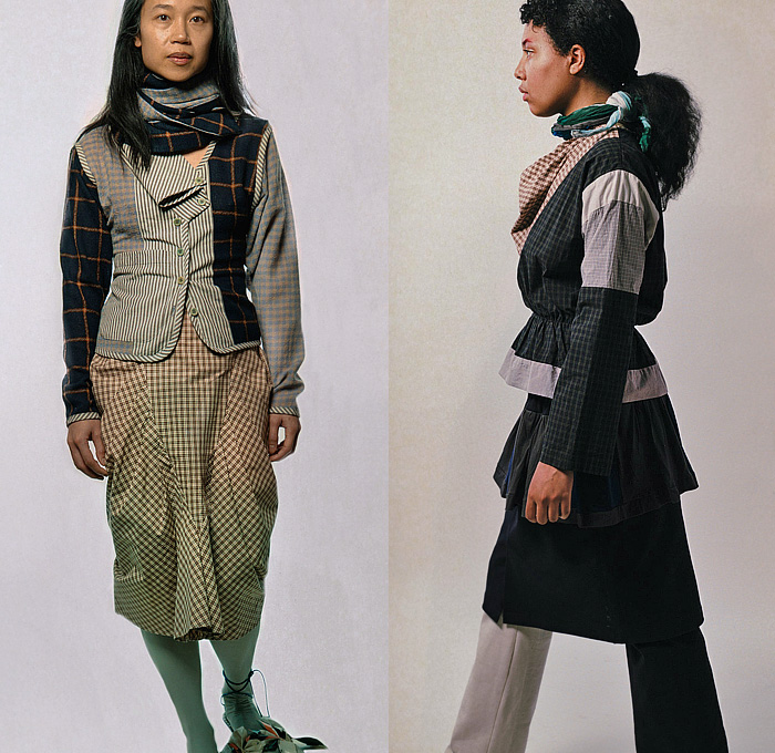SC103 2025-2026 Fall Autumn Winter Womens Lookbook - New York Fashion Week NYFW - Deconstructed Knit Crochet Neck Scarf Prairie Dress Geometric Diamond-Shaped Stripes Picnic Check Blouse Wide Belt Patchwork Panels Chef Wear Button Closures Sheer Tulle Bedazzled Frayed Raw Hem