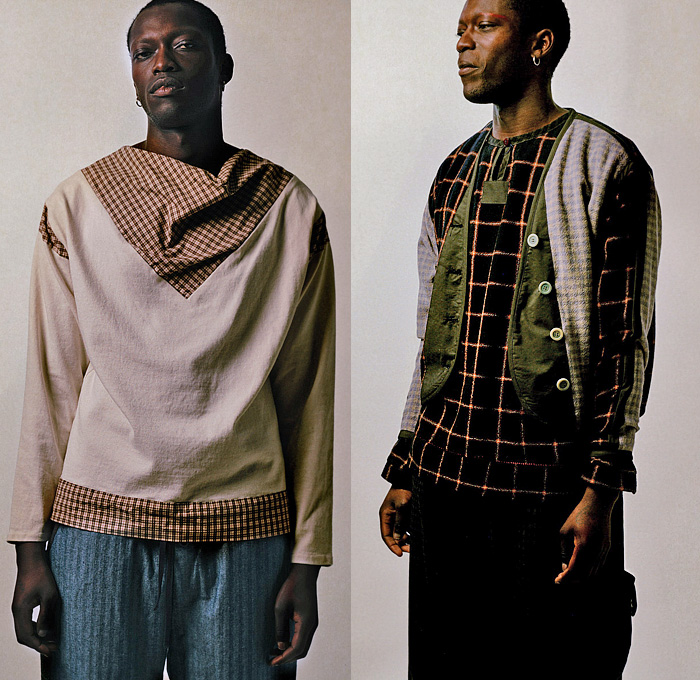 SC103 2025-2026 Fall Autumn Winter Mens Lookbook - New York Fashion Week NYFW - Patchwork Check Grid Lattice Cardigan Colored Denim Jeans Frayed Raw Hem Bedazzled Buttons Vest Knit Crochet Scarf Wide Sleeves Obi Belt