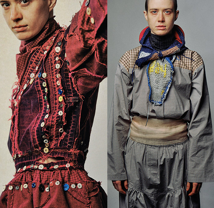 SC103 2025-2026 Fall Autumn Winter Mens Lookbook - New York Fashion Week NYFW - Patchwork Check Grid Lattice Cardigan Colored Denim Jeans Frayed Raw Hem Bedazzled Buttons Vest Knit Crochet Scarf Wide Sleeves Obi Belt