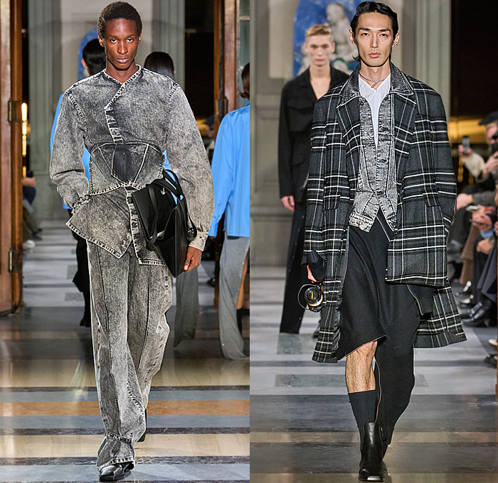 Setchu by Satoshi Kuwata 2025-2026 Fall Autumn Winter Mens Runway Looks - Pitti Uomo 107 - Dark Wash Denim Jeans Check Plaid Outerwear Coat Robe Peacoat Hanging Sleeve  Zipper Tuxedo Jacket Wide Leg Baggy Shorts Culottes Knit Cardigan Vest Buttons Draped Cape Capelet Poncho Fringes Boots