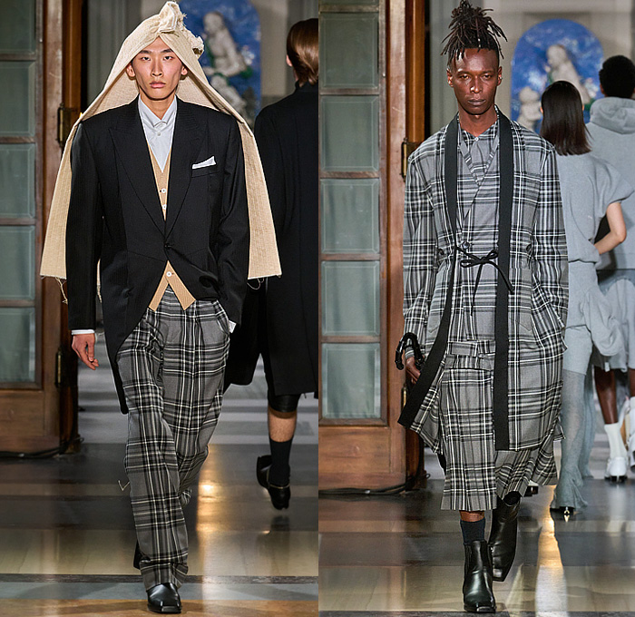 Setchu by Satoshi Kuwata 2025-2026 Fall Autumn Winter Mens Runway Looks - Pitti Uomo 107 - Dark Wash Denim Jeans Check Plaid Outerwear Coat Robe Peacoat Hanging Sleeve  Zipper Tuxedo Jacket Wide Leg Baggy Shorts Culottes Knit Cardigan Vest Buttons Draped Cape Capelet Poncho Fringes Boots