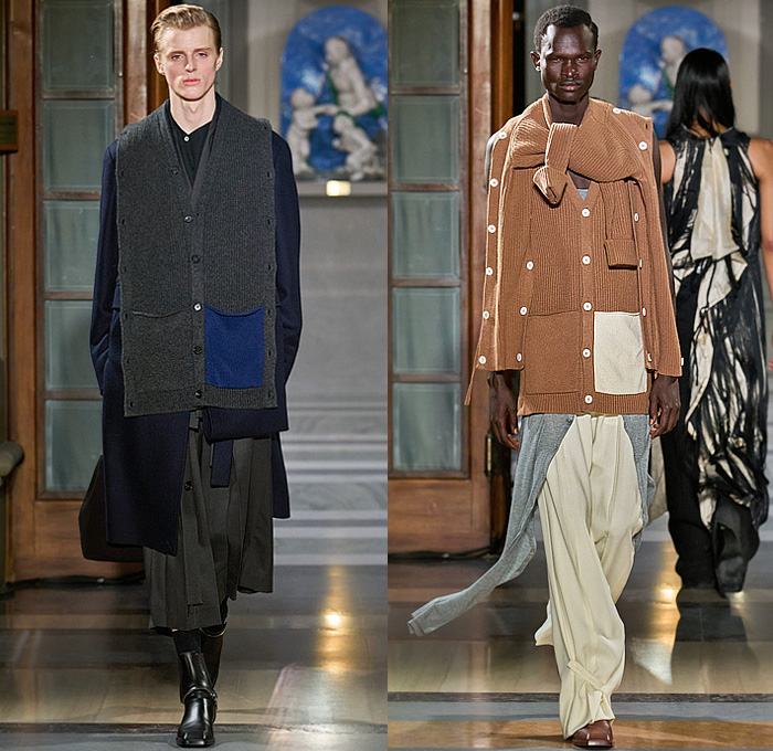 Setchu by Satoshi Kuwata 2025-2026 Fall Autumn Winter Mens Runway Looks - Pitti Uomo 107 - Dark Wash Denim Jeans Check Plaid Outerwear Coat Robe Peacoat Hanging Sleeve  Zipper Tuxedo Jacket Wide Leg Baggy Shorts Culottes Knit Cardigan Vest Buttons Draped Cape Capelet Poncho Fringes Boots