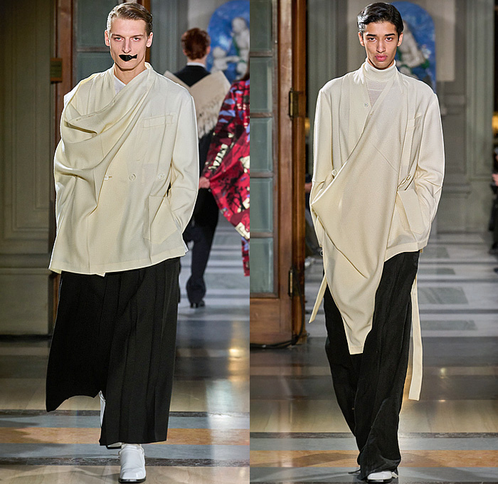 Setchu by Satoshi Kuwata 2025-2026 Fall Autumn Winter Mens Runway Looks - Pitti Uomo 107 - Dark Wash Denim Jeans Check Plaid Outerwear Coat Robe Peacoat Hanging Sleeve  Zipper Tuxedo Jacket Wide Leg Baggy Shorts Culottes Knit Cardigan Vest Buttons Draped Cape Capelet Poncho Fringes Boots