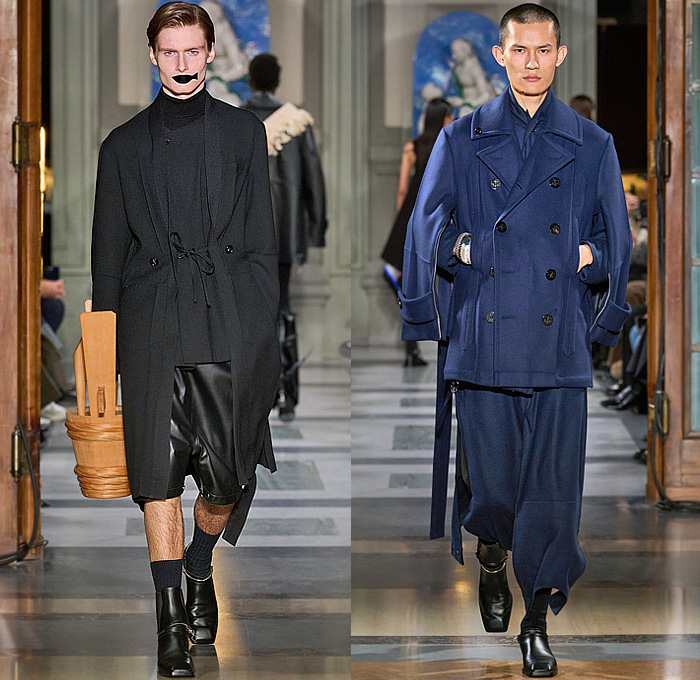 Setchu by Satoshi Kuwata 2025-2026 Fall Autumn Winter Mens Runway Looks - Pitti Uomo 107 - Dark Wash Denim Jeans Check Plaid Outerwear Coat Robe Peacoat Hanging Sleeve  Zipper Tuxedo Jacket Wide Leg Baggy Shorts Culottes Knit Cardigan Vest Buttons Draped Cape Capelet Poncho Fringes Boots