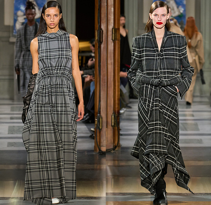 Setchu by Satoshi Kuwata 2025-2026 Fall Autumn Winter Womens Runway - Pitti Uomo 107 -  Tartan Check Dress Roll Up Flannel Blouse Geometric Skirt Bustier Athleisure Sweatshirt Hoodie Tights Palazzo Pants Wide Leg Baggy Shorts Cutout Holes Deconstructed Asymmetrical Frayed Raw Hem Handkerchief Hem Knit Cardigan Sweater Buttons Sleeveless Wrap Draped Panel Illustration Kimono Tuxedo Jacket Peacoat Fringes Lace Mesh Elongated Sleeves Gloves Leather Boots