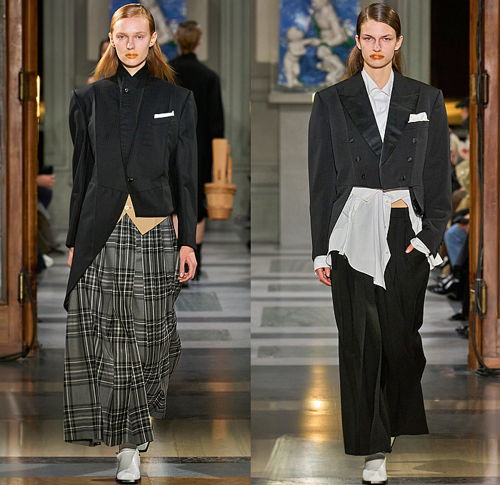 Setchu by Satoshi Kuwata 2025-2026 Fall Autumn Winter Womens Runway - Pitti Uomo 107 -  Tartan Check Dress Roll Up Flannel Blouse Geometric Skirt Bustier Athleisure Sweatshirt Hoodie Tights Palazzo Pants Wide Leg Baggy Shorts Cutout Holes Deconstructed Asymmetrical Frayed Raw Hem Handkerchief Hem Knit Cardigan Sweater Buttons Sleeveless Wrap Draped Panel Illustration Kimono Tuxedo Jacket Peacoat Fringes Lace Mesh Elongated Sleeves Gloves Leather Boots