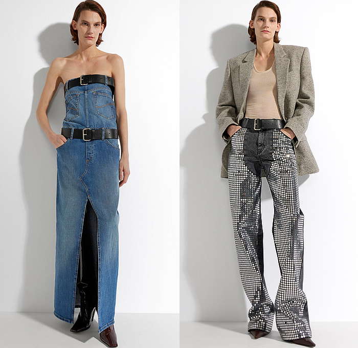 Stella McCartney 2025 Pre-Fall Autumn Womens Lookbook - Denim Jeans Belts Straps Strapless Dress Pockets Bedazzled Sequins Crystals Gems Gemstones Beads Pearls Suede Worker Patchwork Blouse Cargo Pants Wide Leg Baggy Loose Blazer Jacket Pantsuit Satin Pleats Tank Top Chunky Knit Cardigan Turtleneck Sweater Jumper Pencil Skirt Leopard Coat Shaggy Loops Fur Dolman Sleeves Gown Asymmetrical One Shoulder Twist Tied Cutout  Boxy Shoulders Draped Cape Boots Handbag Pumps