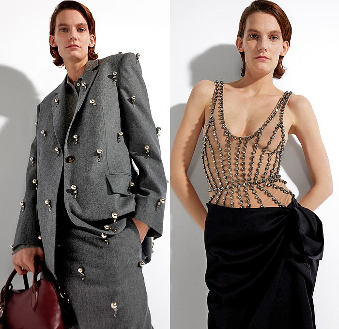 Stella McCartney 2025 Pre-Fall Autumn Womens Lookbook - Denim Jeans Belts Straps Strapless Dress Pockets Bedazzled Sequins Crystals Gems Gemstones Beads Pearls Suede Worker Patchwork Blouse Cargo Pants Wide Leg Baggy Loose Blazer Jacket Pantsuit Satin Pleats Tank Top Chunky Knit Cardigan Turtleneck Sweater Jumper Pencil Skirt Leopard Coat Shaggy Loops Fur Dolman Sleeves Gown Asymmetrical One Shoulder Twist Tied Cutout  Boxy Shoulders Draped Cape Boots Handbag Pumps