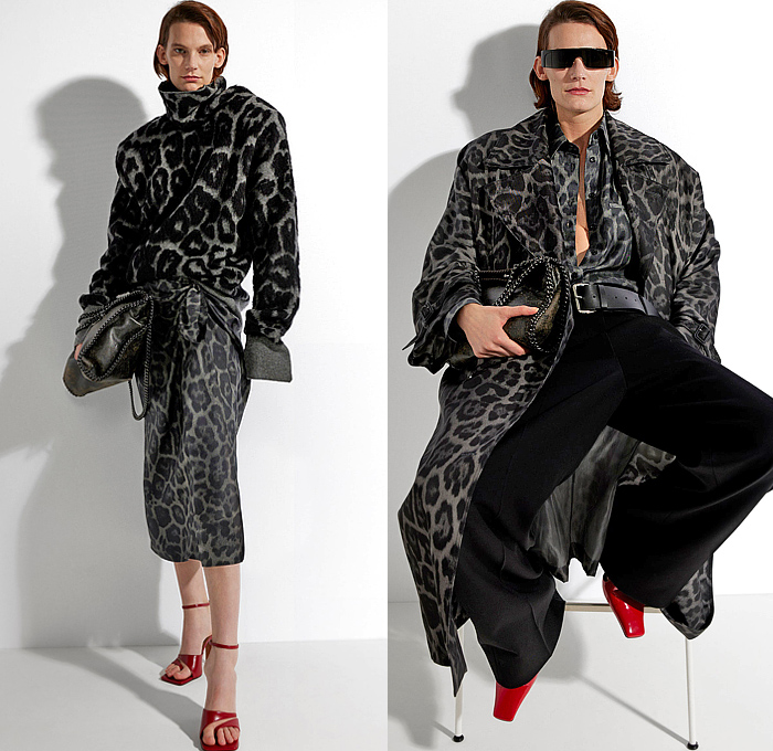 Stella McCartney 2025 Pre-Fall Autumn Womens Lookbook - Denim Jeans Belts Straps Strapless Dress Pockets Bedazzled Sequins Crystals Gems Gemstones Beads Pearls Suede Worker Patchwork Blouse Cargo Pants Wide Leg Baggy Loose Blazer Jacket Pantsuit Satin Pleats Tank Top Chunky Knit Cardigan Turtleneck Sweater Jumper Pencil Skirt Leopard Coat Shaggy Loops Fur Dolman Sleeves Gown Asymmetrical One Shoulder Twist Tied Cutout  Boxy Shoulders Draped Cape Boots Handbag Pumps