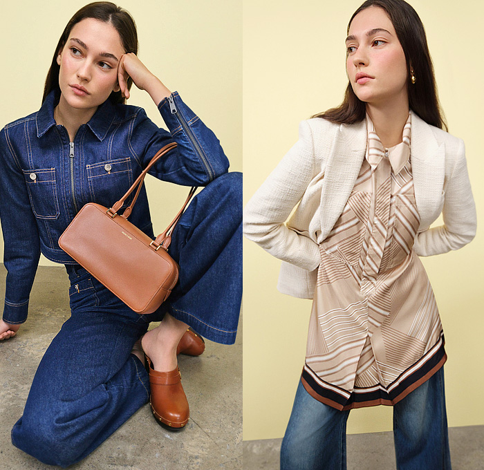 Veronica Beard 2025 Pre-Fall Autumn Womens Lookbook - Denim Jeans Jacket Retro Stripes Blouse Chunky Knit Vest Bedazzled Sequins Beads Trinkets Lattice Crop Top Midriff Colorblock Decorative Art Paisley Suede Outerwear Trench Vest Jacket Vest Wide Leg Flare Pinstripe Pockets Cargo Pants Noodle Strap Dress Miniskirt Handbag Kitten Heels Clogs