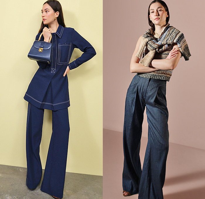 Veronica Beard 2025 Pre-Fall Autumn Womens Lookbook - Denim Jeans Jacket Retro Stripes Blouse Chunky Knit Vest Bedazzled Sequins Beads Trinkets Lattice Crop Top Midriff Colorblock Decorative Art Paisley Suede Outerwear Trench Vest Jacket Vest Wide Leg Flare Pinstripe Pockets Cargo Pants Noodle Strap Dress Miniskirt Handbag Kitten Heels Clogs