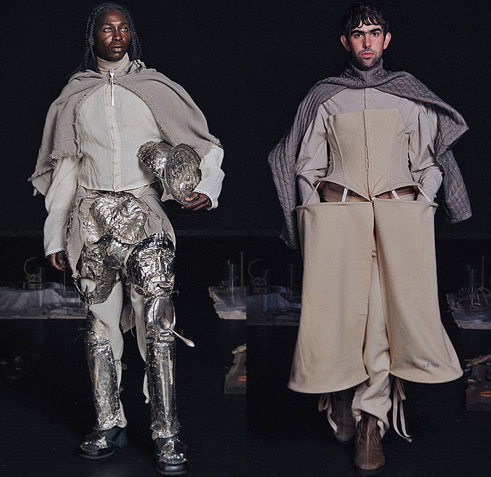 Zoe Gustavia Anna Whalen 2025-2026 Fall Autumn Winter Mens Collection - New York Fashion Week NYFW - 18th Century Victorian Medieval Armor Metal Sculpture Plates Spoons Faces Knit Shawl Turtleneck Quilted Puffer Corset Lantern Hem Pleats Long Sleeve Shirt Laces Baggy Tapered Denim Jeans Stains Harness Tights Leggings Wrapped Bandages Embossed Engraved Thigh High Boots Gaiters