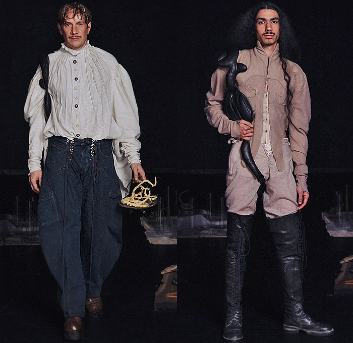 Zoe Gustavia Anna Whalen 2025-2026 Fall Autumn Winter Mens Collection - New York Fashion Week NYFW - 18th Century Victorian Medieval Armor Metal Sculpture Plates Spoons Faces Knit Shawl Turtleneck Quilted Puffer Corset Lantern Hem Pleats Long Sleeve Shirt Laces Baggy Tapered Denim Jeans Stains Harness Tights Leggings Wrapped Bandages Embossed Engraved Thigh High Boots Gaiters