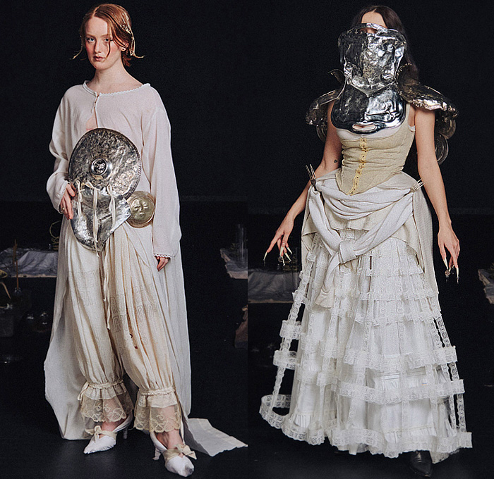 Zoe Gustavia Anna Whalen 2025-2026 Fall Autumn Winter Womens Collection - New York Fashion Week NYFW - 18th Century Victorian Medieval Armor Metal Sculpture Plates Lace Embroidery Robe Crinoline Mesh Skirt Corset Shapewear Tied Puppies Puff Ball Frayed Raw Hem Strapless Open Shoulders Peplum Dress Gown Eveningwear Wooden Sticks Lantern Hem Stains Layers Knit Wrapped Wide Leg Baggy Loose Denim Jeans Leg Warmers Boots