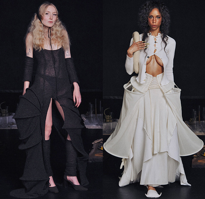 Zoe Gustavia Anna Whalen 2025-2026 Fall Autumn Winter Womens Collection - New York Fashion Week NYFW - 18th Century Victorian Medieval Armor Metal Sculpture Plates Lace Embroidery Robe Crinoline Mesh Skirt Corset Shapewear Tied Puppies Puff Ball Frayed Raw Hem Strapless Open Shoulders Peplum Dress Gown Eveningwear Wooden Sticks Lantern Hem Stains Layers Knit Wrapped Wide Leg Baggy Loose Denim Jeans Leg Warmers Boots