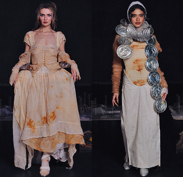 Zoe Gustavia Anna Whalen 2025-2026 Fall Autumn Winter Womens Collection - New York Fashion Week NYFW - 18th Century Victorian Medieval Armor Metal Sculpture Plates Lace Embroidery Robe Crinoline Mesh Skirt Corset Shapewear Tied Puppies Puff Ball Frayed Raw Hem Strapless Open Shoulders Peplum Dress Gown Eveningwear Wooden Sticks Lantern Hem Stains Layers Knit Wrapped Wide Leg Baggy Loose Denim Jeans Leg Warmers Boots