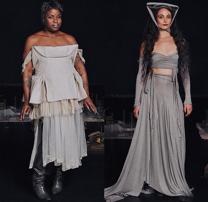 Zoe Gustavia Anna Whalen 2025-2026 Fall Autumn Winter Womens Collection - New York Fashion Week NYFW - 18th Century Victorian Medieval Armor Metal Sculpture Plates Lace Embroidery Robe Crinoline Mesh Skirt Corset Shapewear Tied Puppies Puff Ball Frayed Raw Hem Strapless Open Shoulders Peplum Dress Gown Eveningwear Wooden Sticks Lantern Hem Stains Layers Knit Wrapped Wide Leg Baggy Loose Denim Jeans Leg Warmers Boots