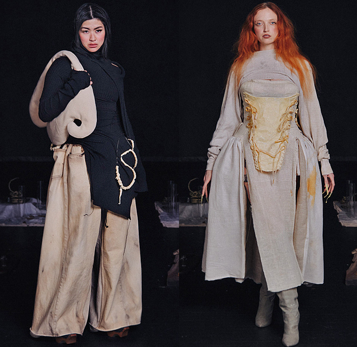 Zoe Gustavia Anna Whalen 2025-2026 Fall Autumn Winter Womens Collection - New York Fashion Week NYFW - 18th Century Victorian Medieval Armor Metal Sculpture Plates Lace Embroidery Robe Crinoline Mesh Skirt Corset Shapewear Tied Puppies Puff Ball Frayed Raw Hem Strapless Open Shoulders Peplum Dress Gown Eveningwear Wooden Sticks Lantern Hem Stains Layers Knit Wrapped Wide Leg Baggy Loose Denim Jeans Leg Warmers Boots