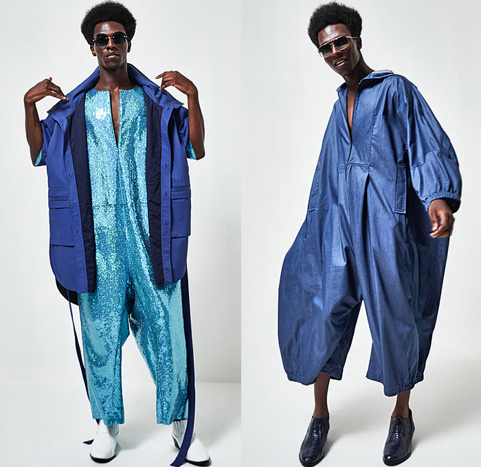 A.Potts 2025 Spring Summer Mens Lookbook Presentation - New York Fashion Week NYFW - URBANOCEANA - Iridescent Oversized Shirt Manskirt Sheer Shorts Culottes Onesie Jumpsuit Playsuit Coveralls Outerwear Coat Parka Robe Bedazzled Sequins Denim Jeans Patchwork Knit Cap Seashells Fringes Panels Mesh Eyelets Snakeskin Retro Tie-Dye Boots