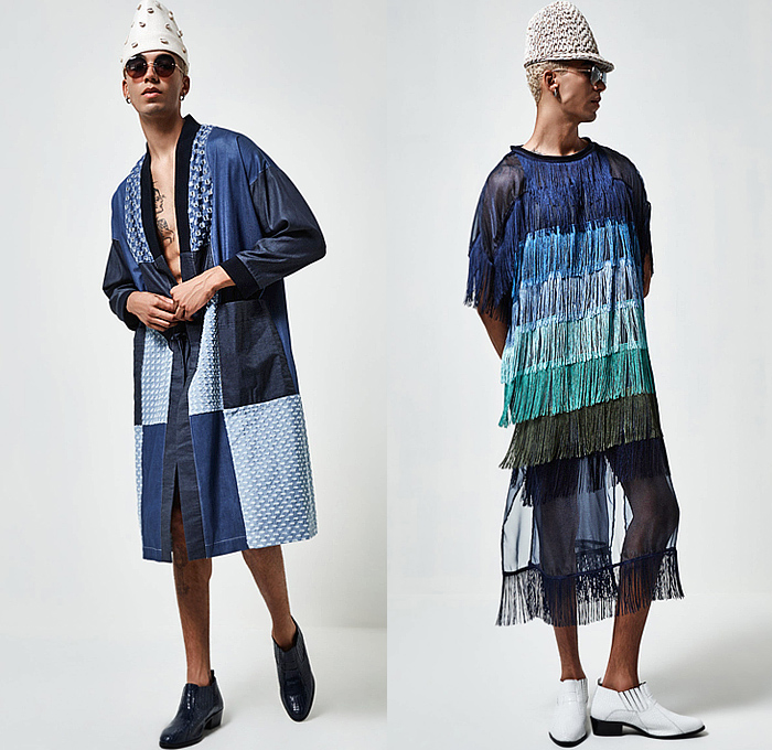 A.Potts 2025 Spring Summer Mens Lookbook Presentation - New York Fashion Week NYFW - URBANOCEANA - Iridescent Oversized Shirt Manskirt Sheer Shorts Culottes Onesie Jumpsuit Playsuit Coveralls Outerwear Coat Parka Robe Bedazzled Sequins Denim Jeans Patchwork Knit Cap Seashells Fringes Panels Mesh Eyelets Snakeskin Retro Tie-Dye Boots