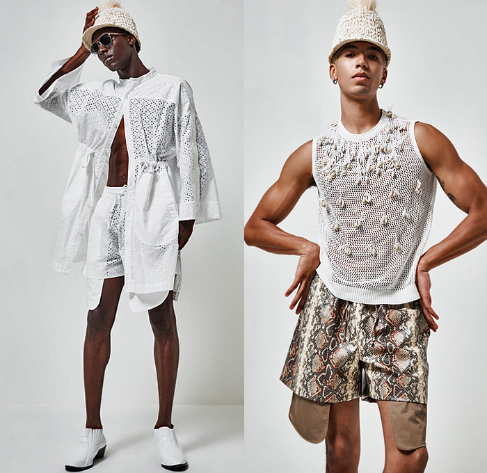 A.Potts 2025 Spring Summer Mens Lookbook Presentation - New York Fashion Week NYFW - URBANOCEANA - Iridescent Oversized Shirt Manskirt Sheer Shorts Culottes Onesie Jumpsuit Playsuit Coveralls Outerwear Coat Parka Robe Bedazzled Sequins Denim Jeans Patchwork Knit Cap Seashells Fringes Panels Mesh Eyelets Snakeskin Retro Tie-Dye Boots