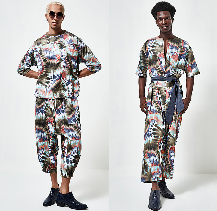 A.Potts 2025 Spring Summer Mens Lookbook Presentation - New York Fashion Week NYFW - URBANOCEANA - Iridescent Oversized Shirt Manskirt Sheer Shorts Culottes Onesie Jumpsuit Playsuit Coveralls Outerwear Coat Parka Robe Bedazzled Sequins Denim Jeans Patchwork Knit Cap Seashells Fringes Panels Mesh Eyelets Snakeskin Retro Tie-Dye Boots