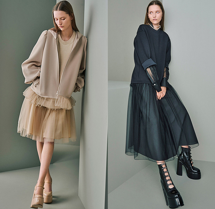 Adeam 2025 Resort Cruise Pre-Spring Womens Lookbook - Hanako Maeda - Tulle Sheer Organza Tutu Skirt Accordion Pleats Folds Ruffles Draped Hem Asymmetrical Long Sleeve Blouse Knit Sweater Jumper Cutout Slit Blazer Tuxedo Jacket Arm Warmers Sleeveless Peplum Midi Skirt Crop Top Midriff Peasant Prairie Column Dress Platform Boots