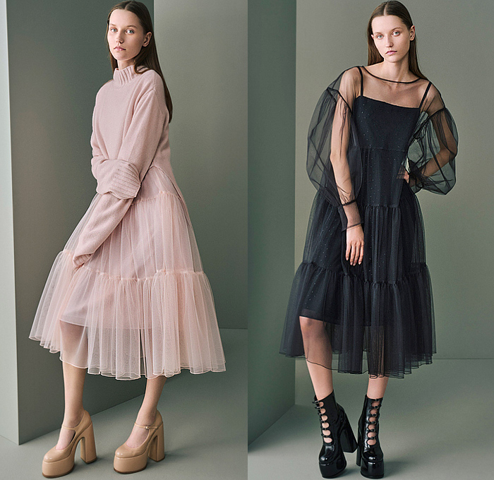 Adeam 2025 Resort Cruise Pre-Spring Womens Lookbook - Hanako Maeda - Tulle Sheer Organza Tutu Skirt Accordion Pleats Folds Ruffles Draped Hem Asymmetrical Long Sleeve Blouse Knit Sweater Jumper Cutout Slit Blazer Tuxedo Jacket Arm Warmers Sleeveless Peplum Midi Skirt Crop Top Midriff Peasant Prairie Column Dress Platform Boots