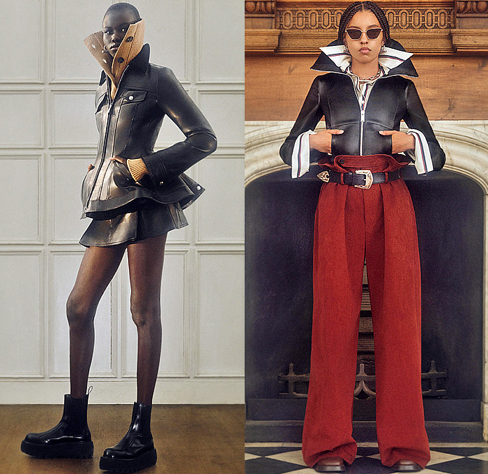 Alexander McQueen 2025 Resort Cruise Pre-Spring Womens Lookbook - Knit High Collar Turtleneck Sweater Jumper Leather Motorcycle Biker Jacket Peplum Miniskirt Paper Bag Waist Wide Leg Palazzo Pants Blouse Fold-Over Skirt Art Francis Bacon Screaming Pope Painting Dress Bedazzled Crystals Rhinestones Square Shoulders Blazer Jacket Pantsuit Cargo Pants Pockets Baggy Loose Pointed Collar Stripes Boots Sandals Wide Tongue Handbag