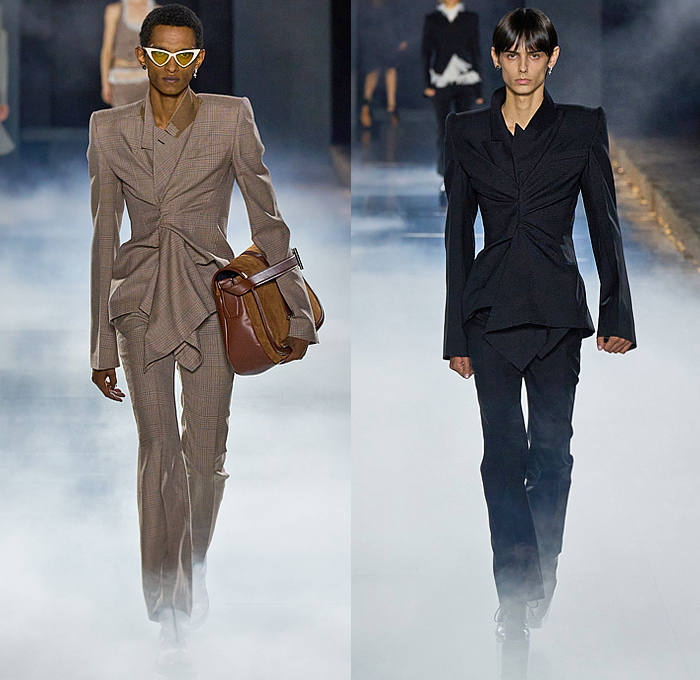 Alexander McQueen 2025 Spring Summer Mens Runway - Paris Fashion Week Femme PFW - Banshee - Lace Embroidery Mesh Sheer Tulle Turtleneck Stripes Frayed Raw Hem Suit Blazer Cinch Herringbone Check Tux Tuxedo Jacket Knit Skull Mask Mohair Silver Crystal Chain Metal Tubes Casings Bedazzled Crop Top Midriff Messenger Doctor's Bag