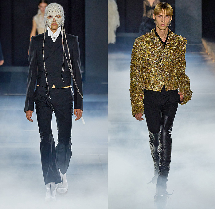 Alexander McQueen 2025 Spring Summer Mens Runway - Paris Fashion Week Femme PFW - Banshee - Lace Embroidery Mesh Sheer Tulle Turtleneck Stripes Frayed Raw Hem Suit Blazer Cinch Herringbone Check Tux Tuxedo Jacket Knit Skull Mask Mohair Silver Crystal Chain Metal Tubes Casings Bedazzled Crop Top Midriff Messenger Doctor's Bag