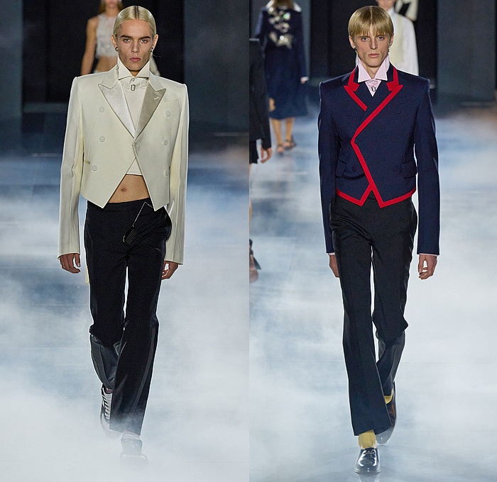 Alexander McQueen 2025 Spring Summer Mens Runway - Paris Fashion Week Femme PFW - Banshee - Lace Embroidery Mesh Sheer Tulle Turtleneck Stripes Frayed Raw Hem Suit Blazer Cinch Herringbone Check Tux Tuxedo Jacket Knit Skull Mask Mohair Silver Crystal Chain Metal Tubes Casings Bedazzled Crop Top Midriff Messenger Doctor's Bag