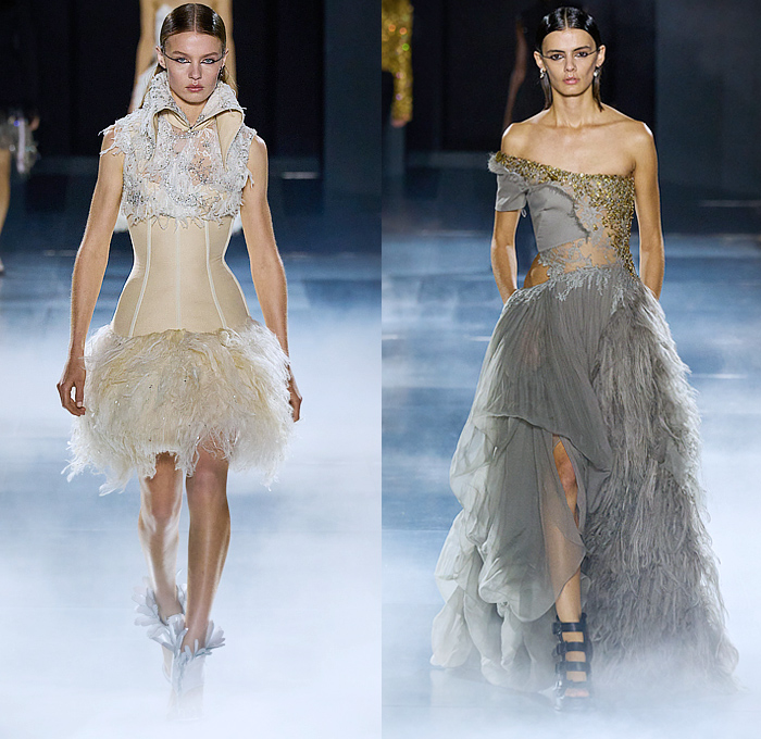 Alexander McQueen 2025 Spring Summer Womens Runway Collection - Paris Fashion Week PFW - Banshee - Victorian Gothic Oversized Collar Dovetail Military Jacket Skirt Blazer Pantsuit Crystals Sequins Metal Tube Casings Crinoline Fringes Chains Herringbone Check Vest Ruffles Sheer Tulle Organza Teased Tendrils Tiered Cutout Cinch Coat Thorns Embroidery Tutu Feathers Halterneck Dress Strapless Gown Pleats Crop Top Midriff Corset Shaggy Denim Jeans Gladiator Sandals T-Bar Bag