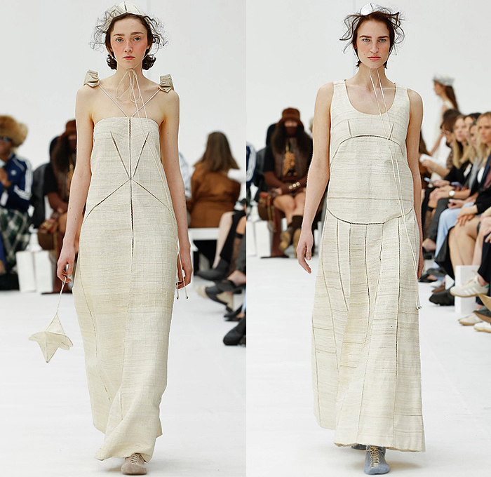 Amy Lawrance 2025 Resort Cruise Pre-Spring Womens Runway Collection - Australian Fashion Week - Old World Mid-Century Amish Sci-Fi Headwear Sailor Nurse Cap Strings Cutout Slashed Mesh Grid Lattice Pinafore Dress V-Neck Geometric Lines Circle Box Skirt Linen Accordion Pleats Frayed Cap Sleeve Capelet Noodle Strap Octahedron Mini Bag Lace Up Socks