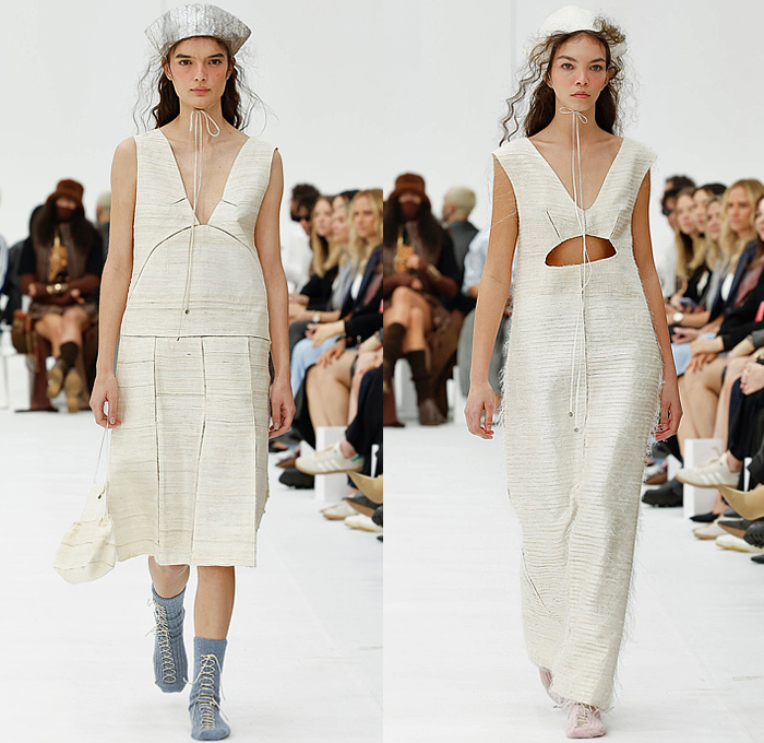 Amy Lawrance 2025 Resort Cruise Pre-Spring Womens Runway Collection - Australian Fashion Week - Old World Mid-Century Amish Sci-Fi Headwear Sailor Nurse Cap Strings Cutout Slashed Mesh Grid Lattice Pinafore Dress V-Neck Geometric Lines Circle Box Skirt Linen Accordion Pleats Frayed Cap Sleeve Capelet Noodle Strap Octahedron Mini Bag Lace Up Socks