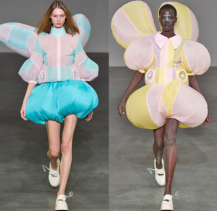 ANREALAGE 2025 Spring Summer Womens Runway Collection - Paris Fashion Week Femme PFW - Wind - Air-Con Air Conditioner Portable Fan Inflatable Balloon Bloated Poufy Rabbit Mouse Elephant Ears Outerwear Anorak Windbreaker Bomber Jacket Patchwork Puff Ball Onion Bulb Onesie Playsuit Romper Capri Pants Culottes Spots Colorblock Flowers Floral Confetti Crosswalk Bars Houndstooth Alien Sculpture Spiky Coral Wool Curls Mary Janes