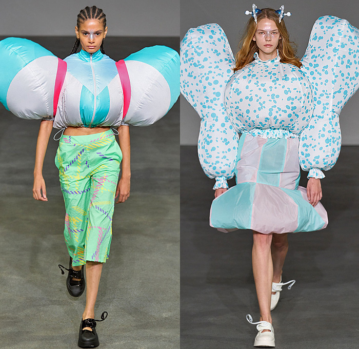 ANREALAGE 2025 Spring Summer Womens Runway Collection - Paris Fashion Week Femme PFW - Wind - Air-Con Air Conditioner Portable Fan Inflatable Balloon Bloated Poufy Rabbit Mouse Elephant Ears Outerwear Anorak Windbreaker Bomber Jacket Patchwork Puff Ball Onion Bulb Onesie Playsuit Romper Capri Pants Culottes Spots Colorblock Flowers Floral Confetti Crosswalk Bars Houndstooth Alien Sculpture Spiky Coral Wool Curls Mary Janes