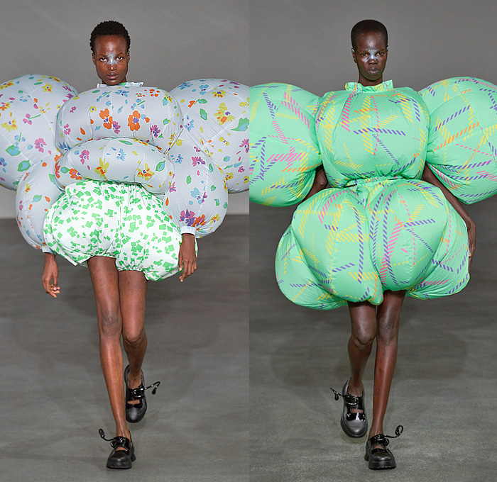 ANREALAGE 2025 Spring Summer Womens Runway Collection - Paris Fashion Week Femme PFW - Wind - Air-Con Air Conditioner Portable Fan Inflatable Balloon Bloated Poufy Rabbit Mouse Elephant Ears Outerwear Anorak Windbreaker Bomber Jacket Patchwork Puff Ball Onion Bulb Onesie Playsuit Romper Capri Pants Culottes Spots Colorblock Flowers Floral Confetti Crosswalk Bars Houndstooth Alien Sculpture Spiky Coral Wool Curls Mary Janes