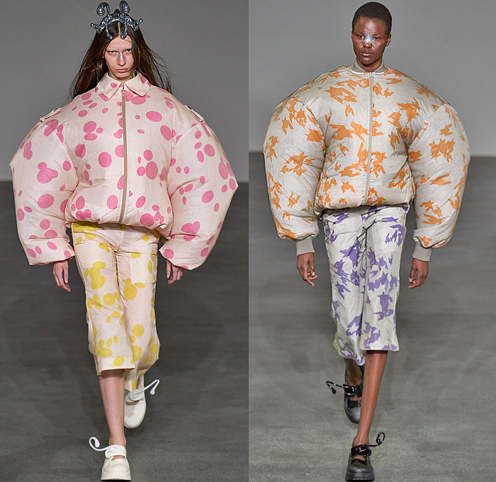 ANREALAGE 2025 Spring Summer Womens Runway Collection - Paris Fashion Week Femme PFW - Wind - Air-Con Air Conditioner Portable Fan Inflatable Balloon Bloated Poufy Rabbit Mouse Elephant Ears Outerwear Anorak Windbreaker Bomber Jacket Patchwork Puff Ball Onion Bulb Onesie Playsuit Romper Capri Pants Culottes Spots Colorblock Flowers Floral Confetti Crosswalk Bars Houndstooth Alien Sculpture Spiky Coral Wool Curls Mary Janes