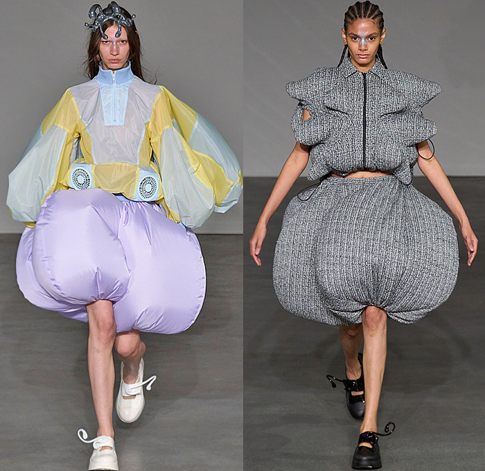 ANREALAGE 2025 Spring Summer Womens Runway Collection - Paris Fashion Week Femme PFW - Wind - Air-Con Air Conditioner Portable Fan Inflatable Balloon Bloated Poufy Rabbit Mouse Elephant Ears Outerwear Anorak Windbreaker Bomber Jacket Patchwork Puff Ball Onion Bulb Onesie Playsuit Romper Capri Pants Culottes Spots Colorblock Flowers Floral Confetti Crosswalk Bars Houndstooth Alien Sculpture Spiky Coral Wool Curls Mary Janes