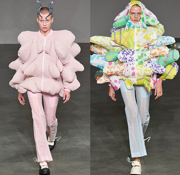 ANREALAGE 2025 Spring Summer Womens Runway Collection - Paris Fashion Week Femme PFW - Wind - Air-Con Air Conditioner Portable Fan Inflatable Balloon Bloated Poufy Rabbit Mouse Elephant Ears Outerwear Anorak Windbreaker Bomber Jacket Patchwork Puff Ball Onion Bulb Onesie Playsuit Romper Capri Pants Culottes Spots Colorblock Flowers Floral Confetti Crosswalk Bars Houndstooth Alien Sculpture Spiky Coral Wool Curls Mary Janes