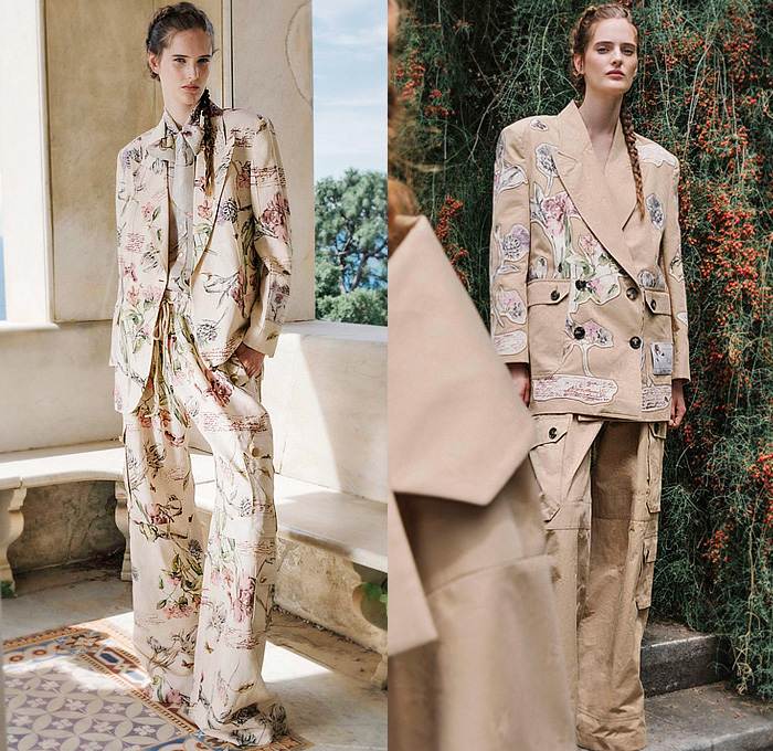 Antonio Marras 2025 Resort Cruise Pre-Spring Womens Lookbook - Hanbury Botanical Gardens - Fior di Sardegna - Garden Flowers Floral Plants Shirtdress Goddess Gown Sheer Tulle Organza Trompe L'oeil Embroidery Draped Scribbles Pockets Cargo Pants Pantsuit Blazer Jacket Outerwear Trench Coat Parka Patchwork Knit Sweater Jumper Tied Knot Wide Sleeves Draped Flounce Pinafore Dress Silk Satin Pink Capelet Hearts Tights Leggings Handbag Pumps