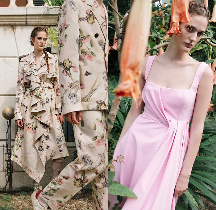 Antonio Marras 2025 Resort Cruise Pre-Spring Womens Lookbook - Hanbury Botanical Gardens - Fior di Sardegna - Garden Flowers Floral Plants Shirtdress Goddess Gown Sheer Tulle Organza Trompe L'oeil Embroidery Draped Scribbles Pockets Cargo Pants Pantsuit Blazer Jacket Outerwear Trench Coat Parka Patchwork Knit Sweater Jumper Tied Knot Wide Sleeves Draped Flounce Pinafore Dress Silk Satin Pink Capelet Hearts Tights Leggings Handbag Pumps