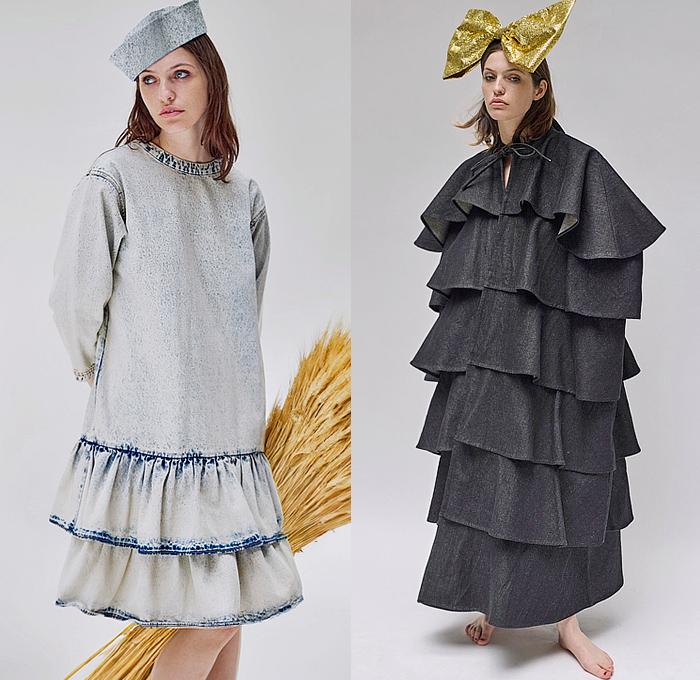 Batsheva 2025 Resort Cruise Pre-Spring Womens Lookbook - Sailor Hat Denim Jeans Faded Bleached Acid Wash Tiered Cape Coat Robe Metallic Gold Foil Bow Flowers Floral Roses Patchwork Strapless Babydoll Prairie Dress Pleats Caftan Kaftan Grid Lattice Mesh Polka Dots Stripes Puff Sleeves Blouse Noodle Strap Sheer Tulle Organza Ruffles Headwear  Embroidery Wide Leg Palazzo Pants Ostrich Feathers Wide Sleeves Maxi Dress Silver Voluminous Heels
