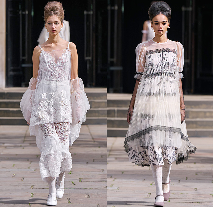 Bora Aksu 2025 Spring Summer Womens Runway Collection - London Fashion Week LFW - Sheer Tulle Organza Lace Embroidery Dress Knit Cardigan Sweater Jumper Crochet Mesh Flowers Floral Plants Bows Ribbons Opera Gloves Peter Pan Collar Wrap Draped Pink Red Accordion Pleats Blazer Jacket Hearts Blouse Stripes Capelet Pellegrina Polka Dots Onesie Jumpsuit Turtleneck Pussycat Bow Grandma Chic Leg O'Mutton Shoulders Tights Leggings Tutu Sunglasses Mary Janes Handbag